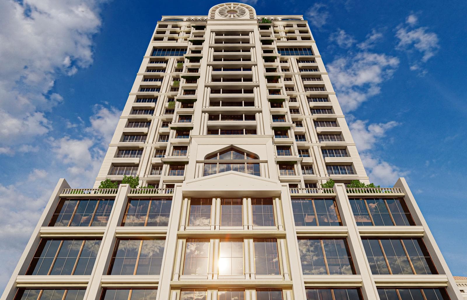 ASSAS Group, Syria. Al Salheyya Hotel: Architectural visualisation looking up the hotel tower towards its recessed central facade.