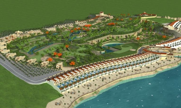 ASSAS Group, Syria. Burj Islam I, marina and golf resort: Aerial visualisation of the coastal resort, marina, hotel and landscaped grounds.