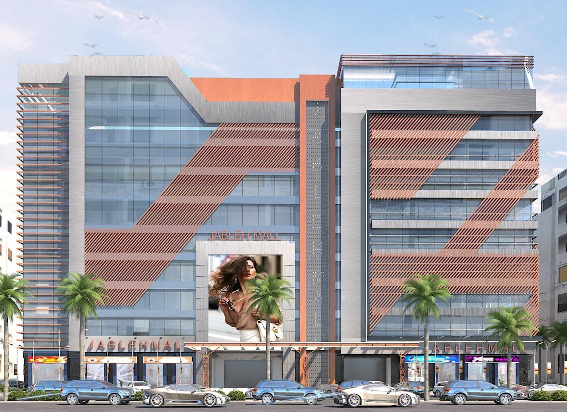 ASSAS Group, Syria. Jableh Mall, second scheme: Architectural visualisation of the alternative mall facade with glazing and diagonal cladding.