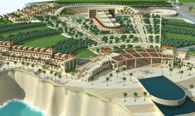 ASSAS Group, Syria. Saleeb Turkman I: Aerial visualisation of the coastal hotel, restaurants and landscaped resort grounds.