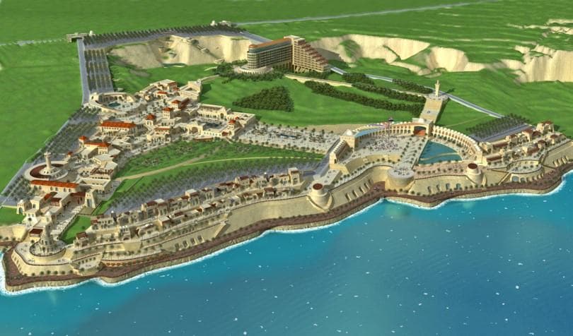 ASSAS Group, Syria. Saleeb Turkman II: Aerial visualisation of the hotel and leisure development along the coast.