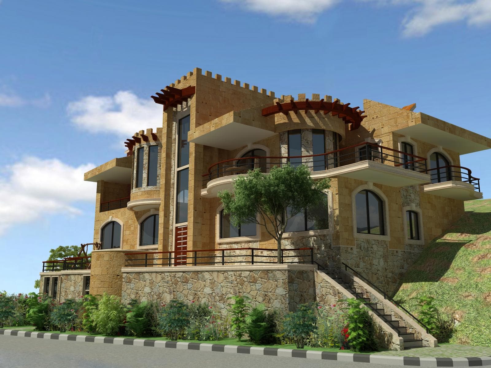 ASSAS Group, Syria. Villa Al Muzayraa: Exterior view of a stone villa with tiled roofs, projecting balconies and landscaped terraces.